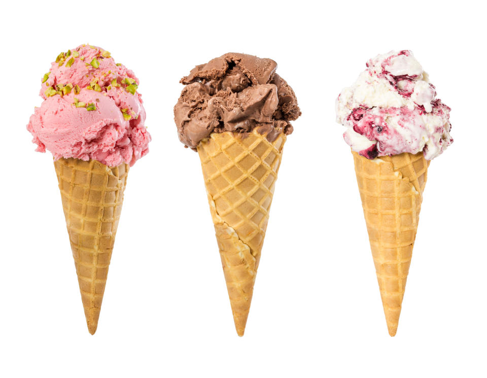 Set of ice cream in waffle cone isolated on white background.