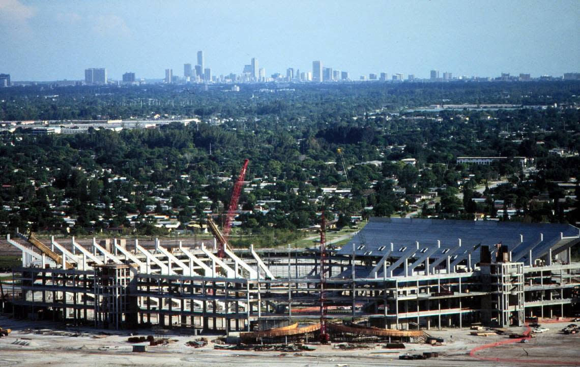 An aerial view shows the Joe Robbie Stadium being built in the 1980s.