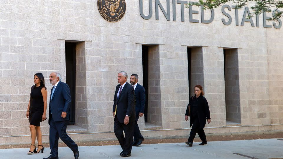 Joe Spencer, second from left, lawyer of defendant Patrick Crusius, with his team as they arrived at the federal court in El Paso, Texas, Wednesday.  - Andres Leighton/AP