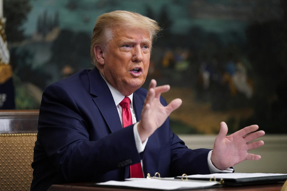 In this Nov. 26, 2020, photo, President Donald Trump speaks with reporters after participating in a video teleconference call with members of the military on Thanksgiving, at the White House in Washington. Trump has delivered a 46-minute diatribe against the election results that produced a win for Democrat Joe Biden, unspooling one misstatement after another to back his baseless claim that he really won. (AP Photo/Patrick Semansky)