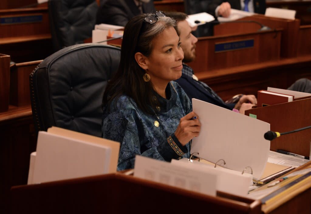 Rep. Maxine Dibert, D-Fairbanks, listens to a debate on the floor of the Alaska House of Representatives on Wednesday, Feb. 21, 2024. (Photo by James Brooks/Alaska Beacon)