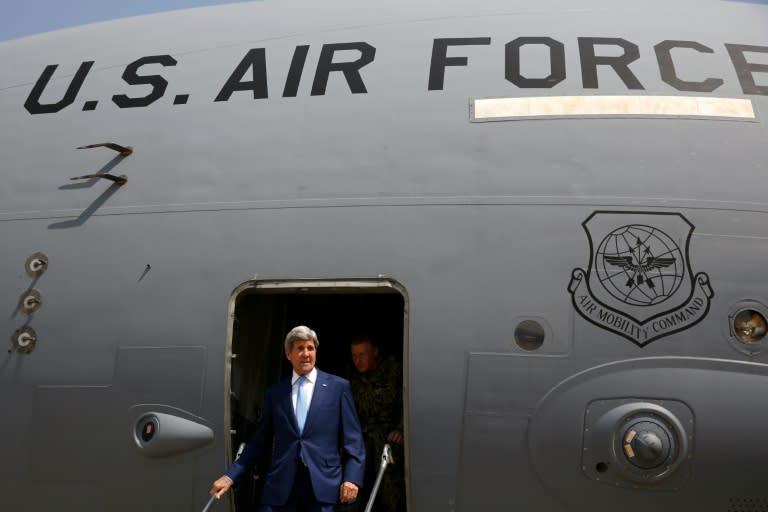 US Secretary of State John Kerry at Baghdad International Airport on his first visit to Iraq since 2014