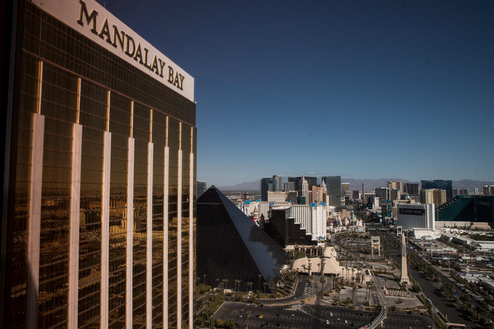 A view of the Mandalay Bay Resort and Casino, overlooking the Las Vegas Strip after a mass shooting at a music concert October 3, 2017 in Las Vegas, Nevada.&nbsp; (Photo: Drew Angerer via Getty Images)