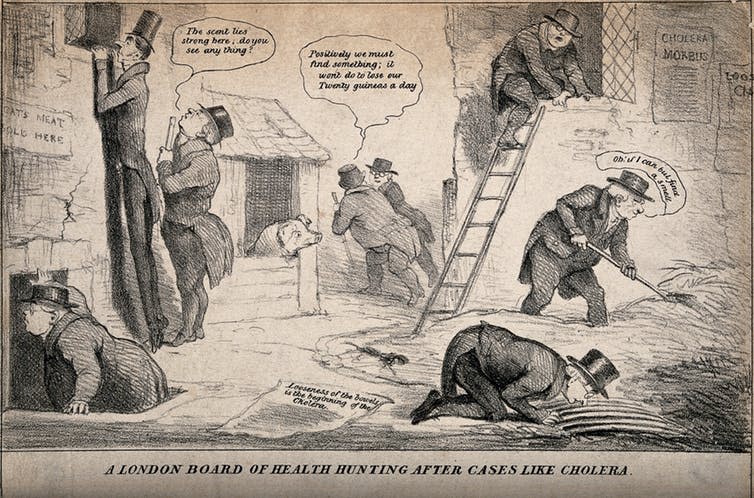 <span class="caption">Cholera was a major problem but its causes were unknown.</span> <span class="attribution"><a class="link " href="https://commons.wikimedia.org/wiki/File:London_Board_of_Health_searching_the_city_for_cholera_Wellcome_V0010896.jpg" rel="nofollow noopener" target="_blank" data-ylk="slk:Wellcome Library no. 1998i;elm:context_link;itc:0;sec:content-canvas">Wellcome Library no. 1998i</a>, <a class="link " href="http://creativecommons.org/licenses/by/4.0/" rel="nofollow noopener" target="_blank" data-ylk="slk:CC BY;elm:context_link;itc:0;sec:content-canvas">CC BY</a></span>