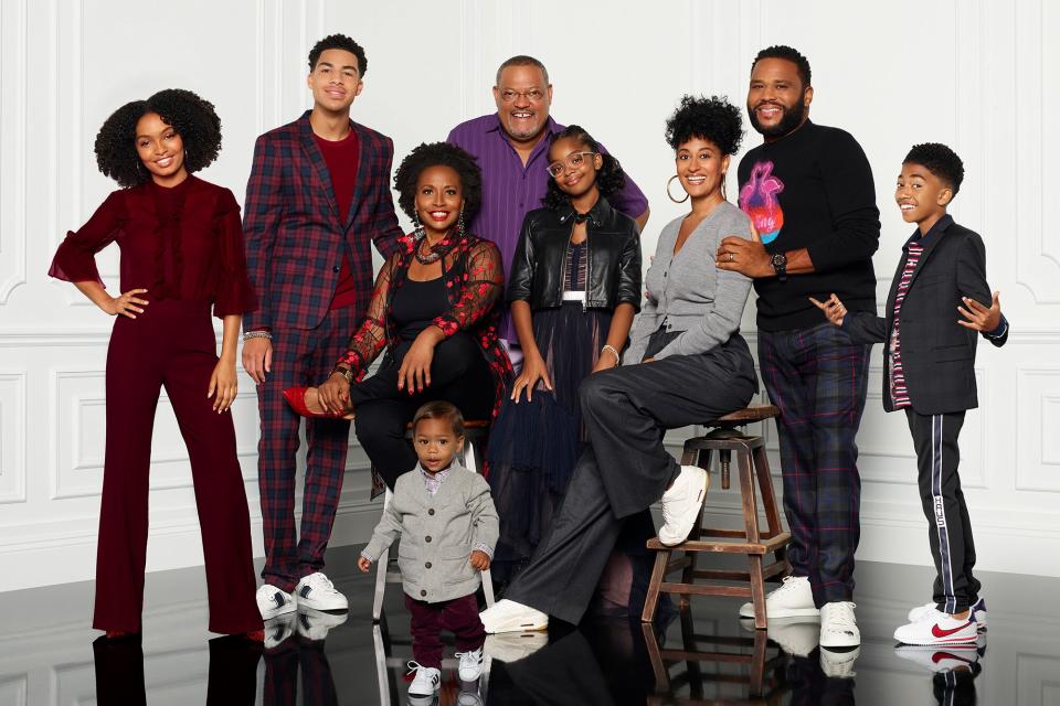 BLACK-ISH - ABC's "black-ish" stars Yara Shahidi as Zoey Johnson, Marcus Scribner as Andre Johnson, Jr., Jenifer Lewis as Ruby Johnson, Austin and Berlin Gross as Devonte Johnson, Laurence Fishburne as Pops Johnson, Marsai Martin as Diane Johnson, Tracee Ellis Ross as Rainbow Johnson, Anthony Anderson as Andre "Dre" Johnson, and Miles Brown as Jack Johnson