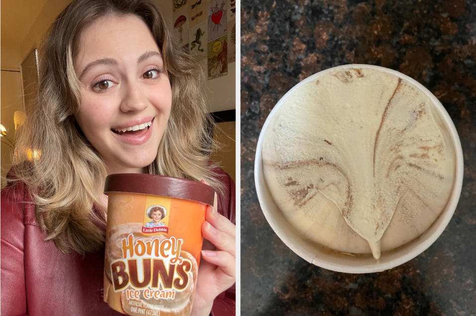 woman holding ice cream next to the open pint