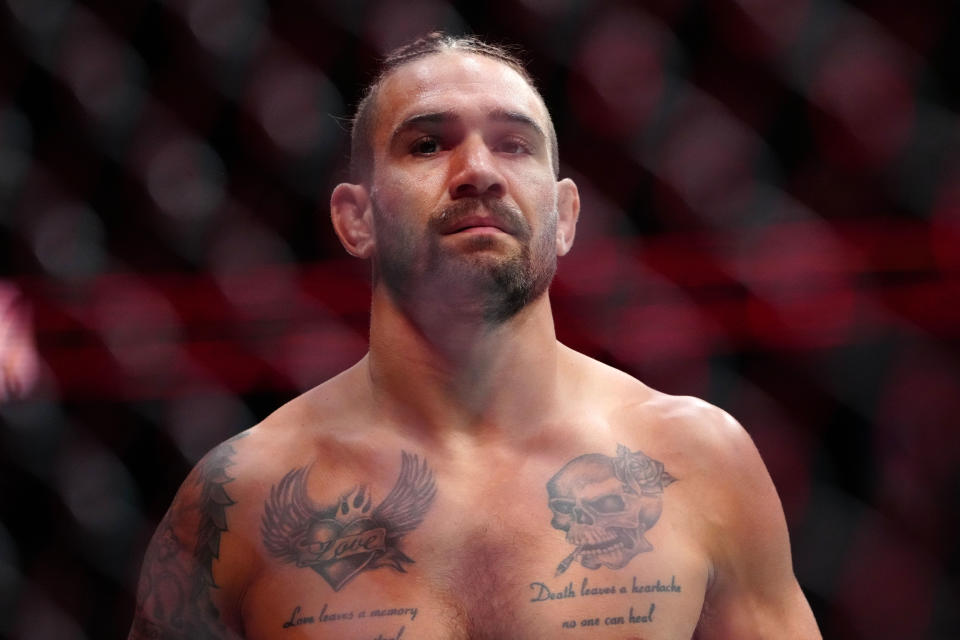 Sep 16, 2023; Las Vegas, Nevada, USA; Christos Giagos (blue gloves) prepares to fight Daniel Zellhuber (not pictured) during UFC Fight Night at T-Mobile Arena. Mandatory Credit: Stephen R. Sylvanie-USA TODAY Sports