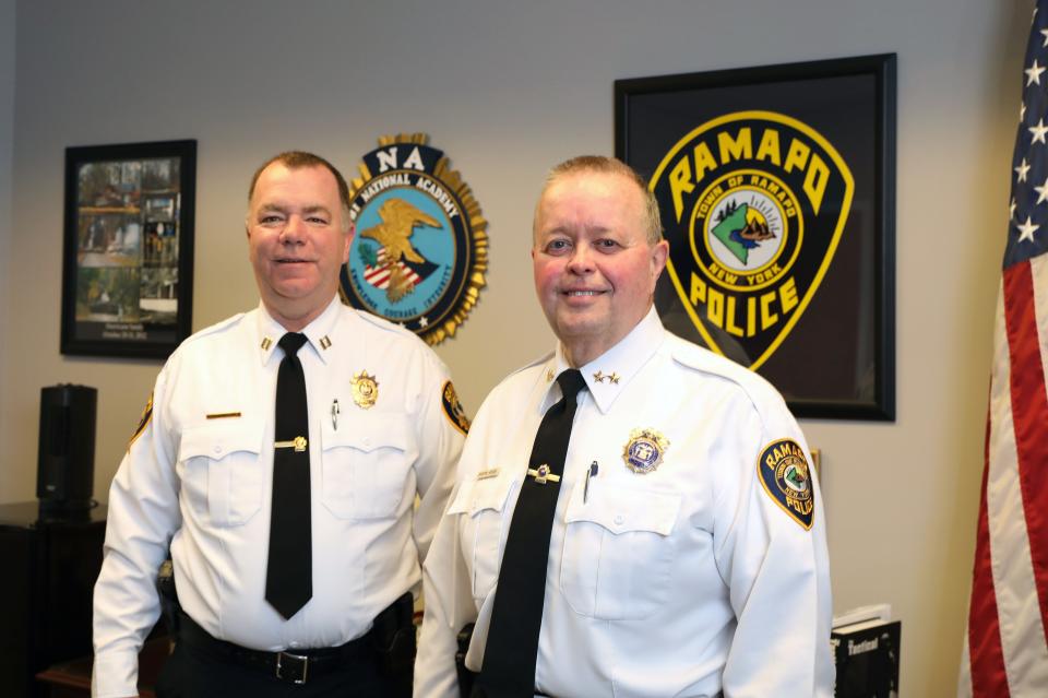 New Ramapo Police Chief Martin J. Reilly and retired Police Chief Brad R. Weidel are pictured in their office in Suffern, June 1, 2021. 