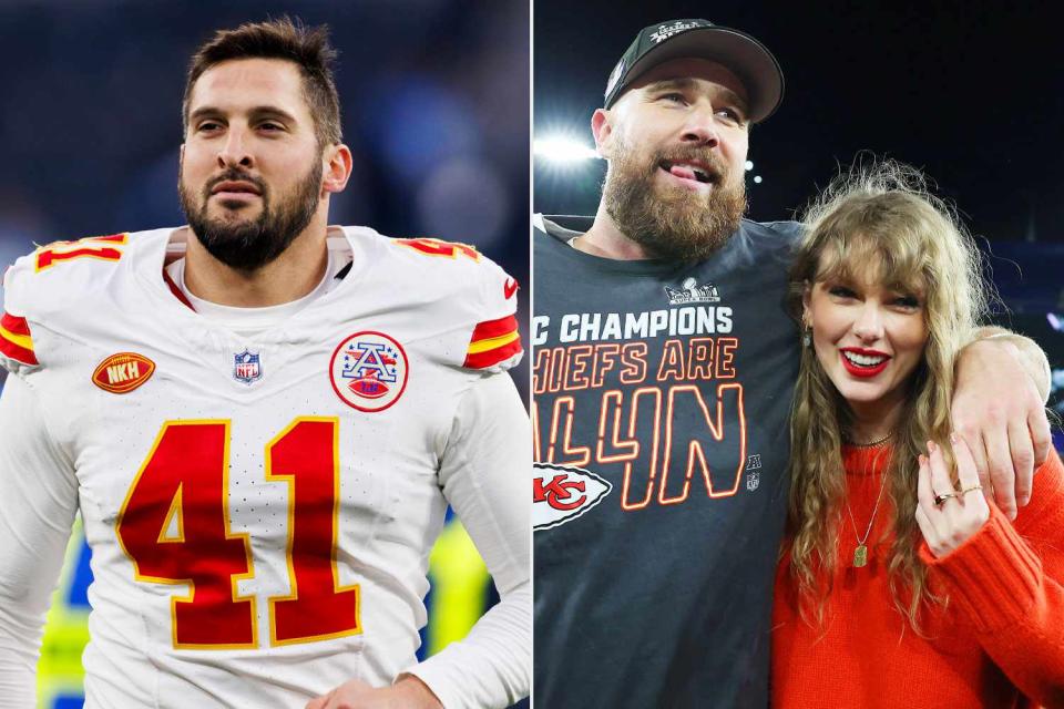 <p>getty (2)</p> (L-R) James Winchester, Travis Kelce and Taylor Swift