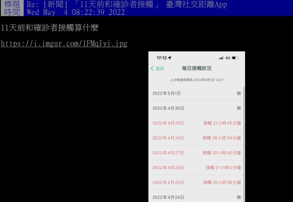 網友的紀錄竟顯示一天接觸30小時。（圖／翻攝自PTT）