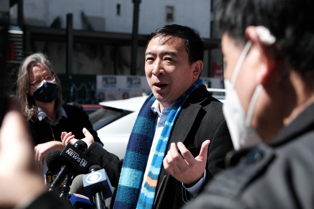 <p>File Image: New York Mayoral Candidate Andrew Yang speaks to members of the media along Canal Street in Chinatown on 5 April 2021 in New York City</p> (Getty Images)