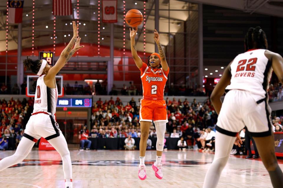 PHOTO: Dyaisha Fair of the Syracuse Orange puts up a shot during the second half of the game against the NC State Wolfpack at Reynolds Coliseum, on Feb. 29, 2024, in Raleigh, North Carolina.  (Lance King/Getty Images)