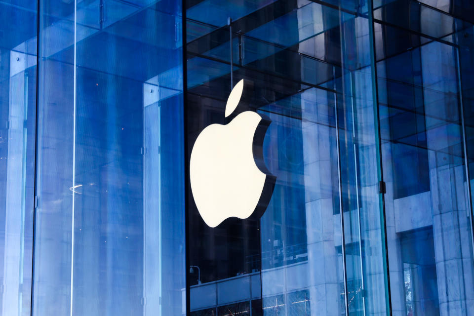 Apple logo is seen near the store in New York City, United States on October 22, 2022. (Photo by Jakub Porzycki/NurPhoto)