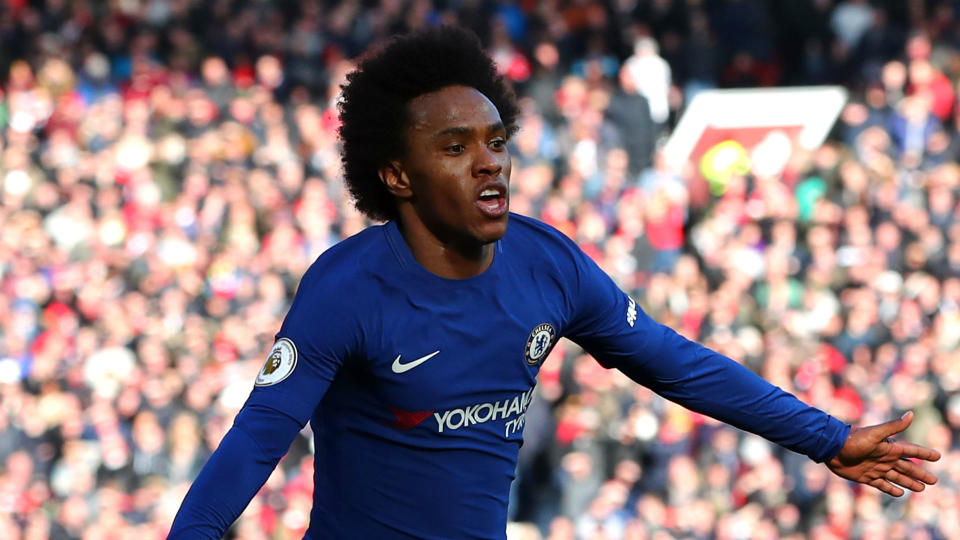 Willian scored against Barcelona to take the lead before Lionel Messi equalised at the Bridge.