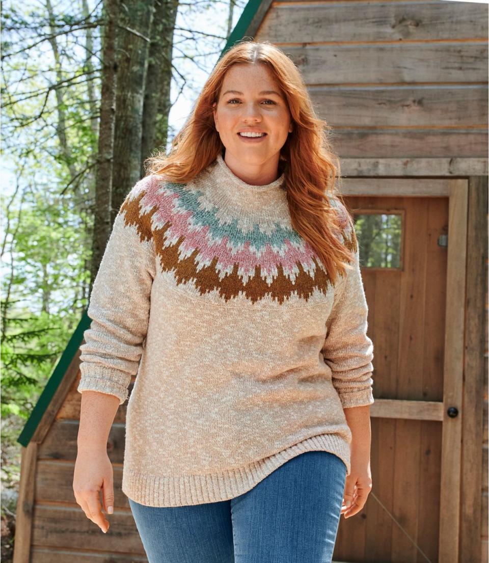 Cotton Ragg Sweater, Funnelneck Pullover Fair Isle. Image via L.L. Bean.