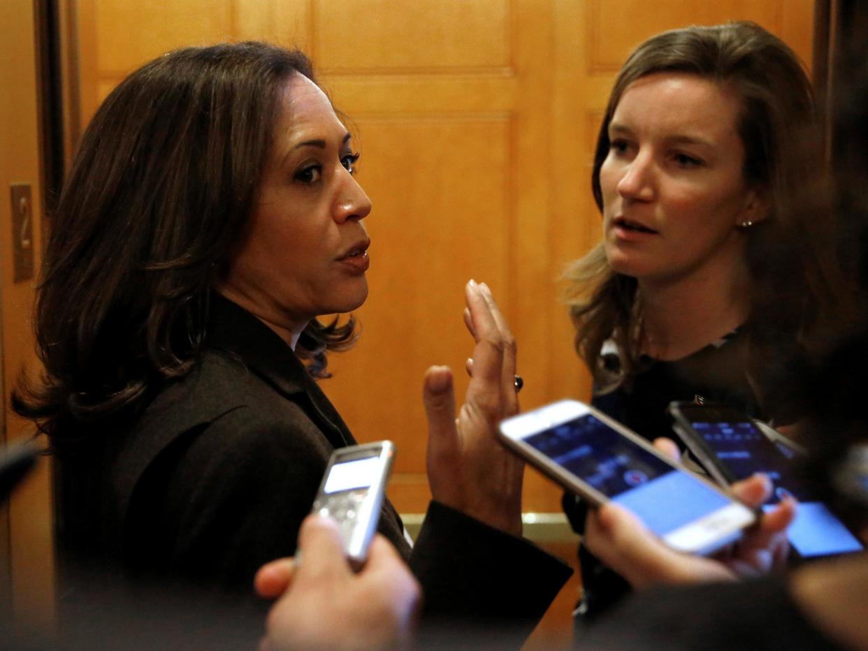 Senator Kamala Harris speaks to reporters after the Senate reached an agreement to end the shutdown: REUTERS