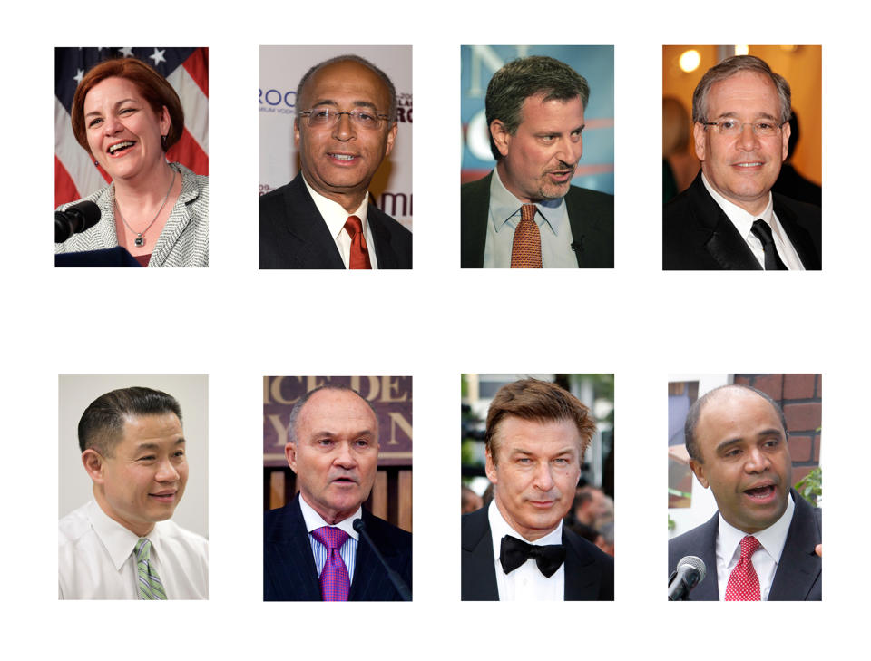 This photo combo shows candidates for New York City's next mayor. Top row, from left are Christine Quinn; William Thompson Jr.; Bill de Blasio; Scott Stringer. Bottom row, from left, John Liu; Raymond Kelly; Alec Baldwin; and Adolfo Carrion Jr. New York City's 2013 mayoral race doesn't fully kick off until after voters are done picking a president. But some of the city's top political players are already jockeying for position to succeed Michael Bloomberg, the billionaire mayor who has defined City Hall for more than a decade. (AP Photo/File)