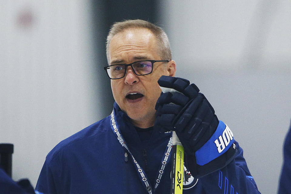 FILE -Winnipeg Jets head coach Paul Maurice talks to his players during NHL hockey training camp practice in Winnipeg, Friday, Sept. 24, 2021. A person with knowledge of the situation said Paul Maurice and the Florida Panthers were in the process Wednesday, June 22, 2022 of finalizing a deal to make him the club's new coach. (John Woods/The Canadian Press via AP, File)
