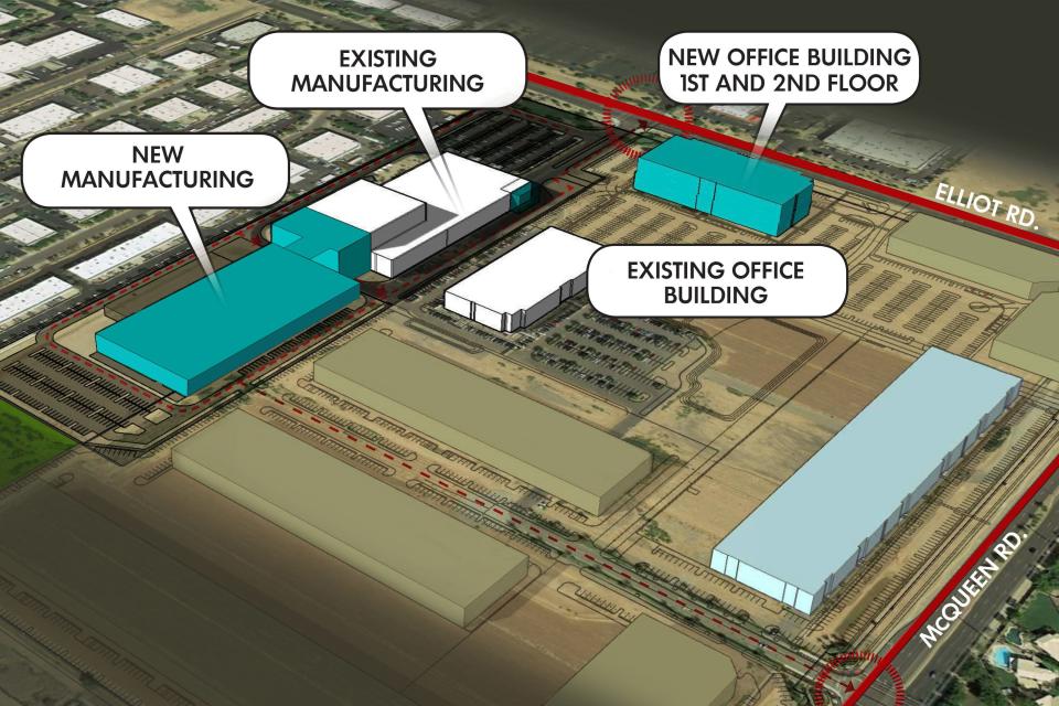 The layout of Northrop Grumman&#39;s Gilbert campus. The two turquoise buildings broke ground on Jan. 30, 2020.