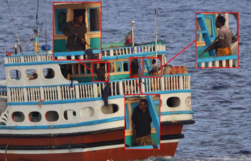 Somali pirate seen on Iranian-flagged vessel that was hijacked on Monday (Indian Navy)
