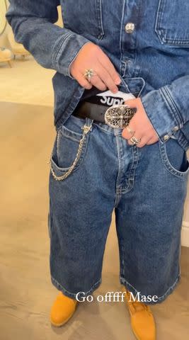 <p>Khloe Kardashian/ Instagram</p> Mason Disick shows off large belt buckle and chain jewelry