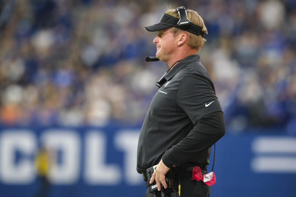 Oakland Raiders head coach Jon Gruden during the second half of an NFL football game against the Indianapolis Colts in Indianapolis, Sunday, Sept. 29, 2019. (AP Photo/AJ Mast)