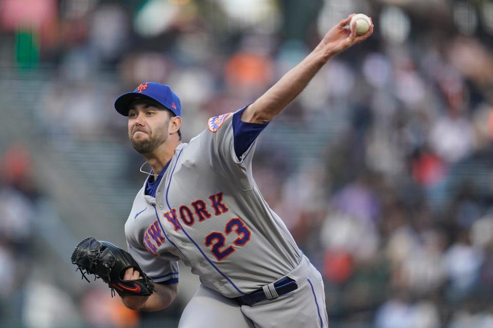 New York Mets' David Peterson pitches against the San Francisco Giants during the first inning of a baseball game in San Francisco, Monday, May 23, 2022.