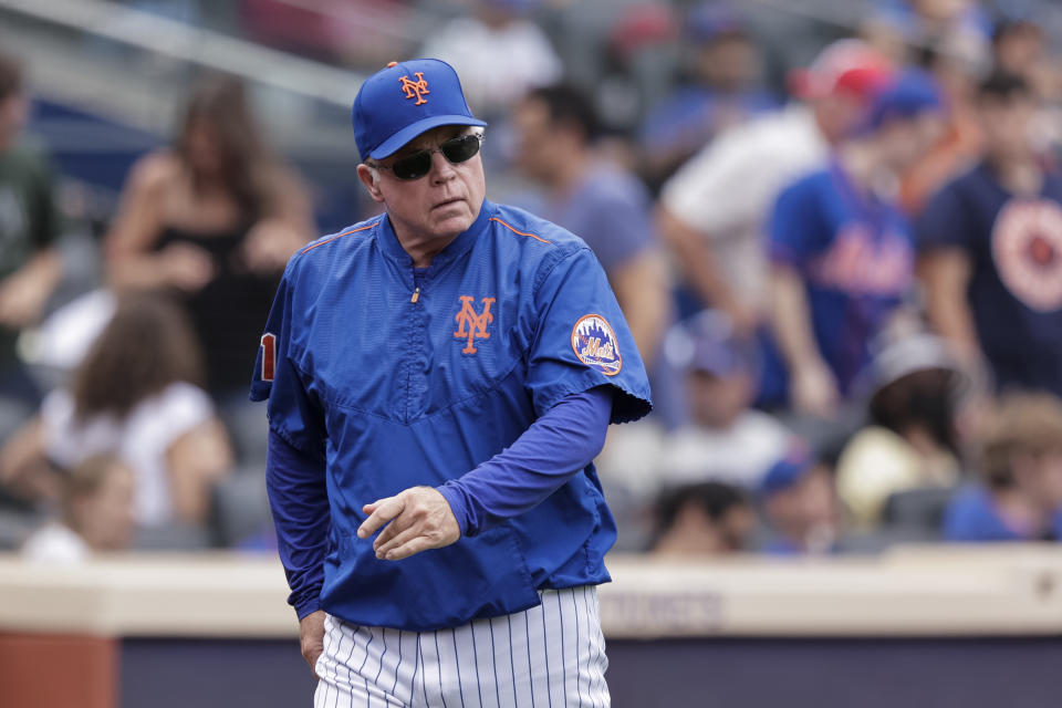 New York Mets manager Buck Showalter walks toward the dugout in the fourth inning of a baseball game against the Colorado Rockies, Sunday, Aug. 28, 2022, in New York. (AP Photo/Corey Sipkin)