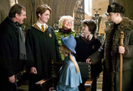 <p>Director Mike Newell, Robert Pattinson, Miranda Richardson, Daniel Radcliffe and Stanislav Ianevski on the set of Warner Bros. Pictures' Harry Potter and the Goblet of Fire - 2005</p>