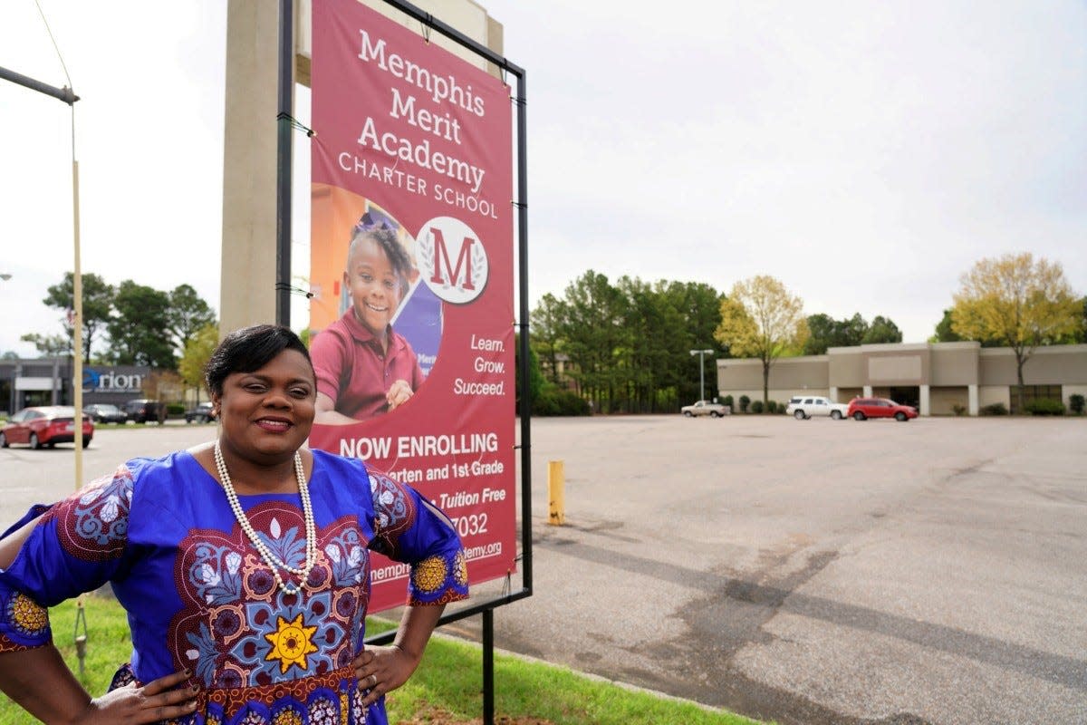 Lakenna Booker, Memphis Merit Academy founder and head of school, standing outside the charter school's  current campus in Parkway Village.