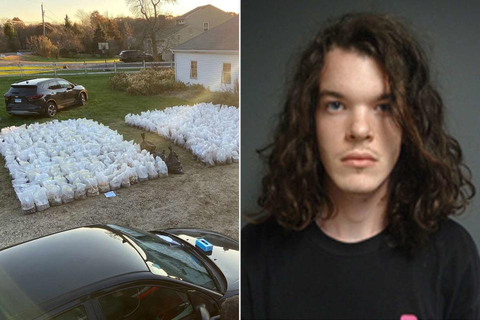 <p>Connecticut State Police (2)</p> L: Bagged mushrooms outside the Connecticut residence; R: Weston Soule