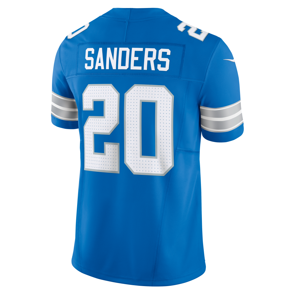 Detroit Lions new uniforms, revealed April 18, 2024. This is the Lions' new Honolulu Blue, silver and white jersey.