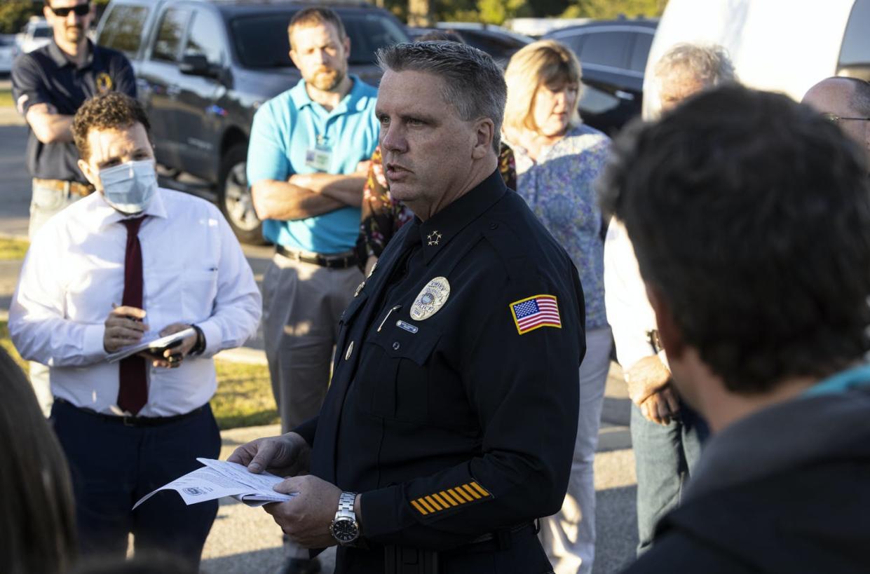 <span class="caption">At times taking their lead from police, journalists are naming shooters less often and less prominently.</span> <span class="attribution"><a class="link " href="https://www.gettyimages.com/detail/news-photo/collierville-police-chief-dale-lane-center-speaks-with-the-news-photo/1235455696" rel="nofollow noopener" target="_blank" data-ylk="slk:Brad Vest/Getty Images;elm:context_link;itc:0;sec:content-canvas">Brad Vest/Getty Images</a></span>