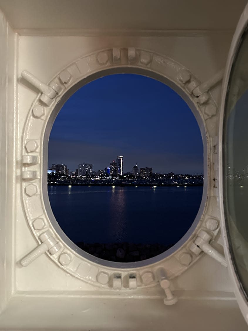 A picture taken at night of the Long Beach harbor