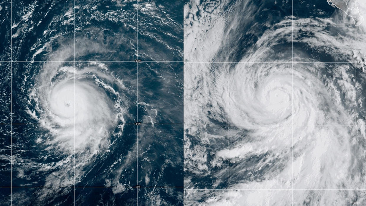  Two hurricanes shown in images side by side. 