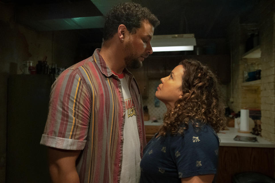 Alejandro Hernandez as Luis and Justina Machado as Dolores Roach in The Horror of Dolores Roach. (Jasper Savage / Prime Video)