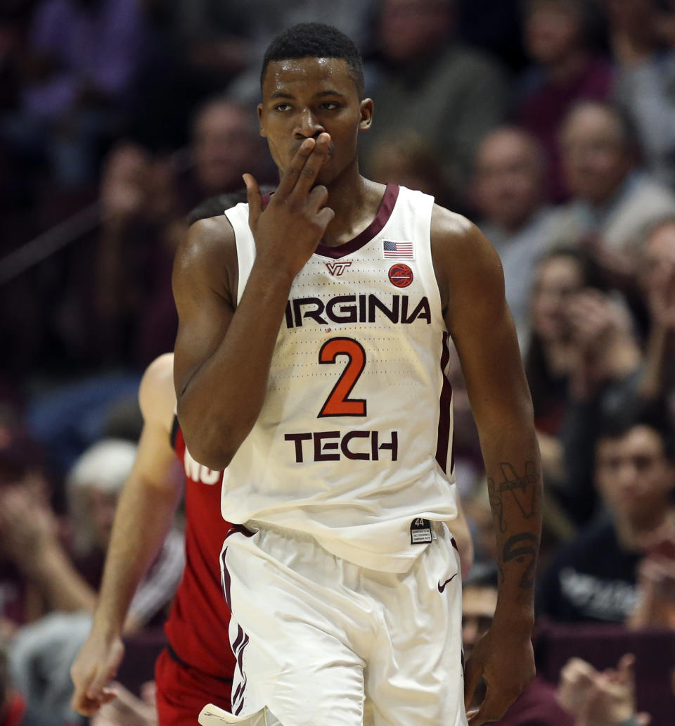 Virginia Tech's Landers Nolley II (2) celebrates a 3-point basket against North Carolina State in the first half of an NCAA college basketball game Saturday, Jan. 11, 2020, in Blacksburg, Va. (Matt Gentry/The Roanoke Times via AP)