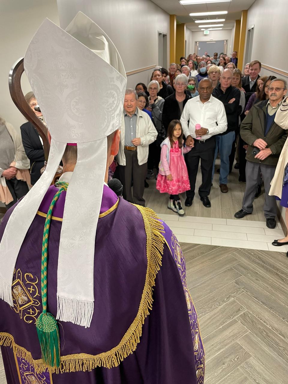 Bishop Stephen D. Parkes of the Diocese of Savannah speaks to parishioners in the new education wing at St. Teresa of Avila Catholic Church in Grovetown on Sunday.