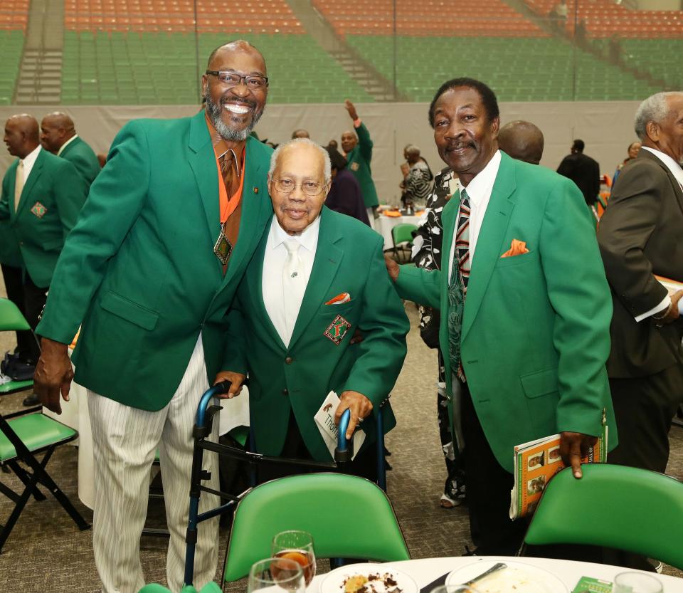 FAMU Hall of Famers Bryan "Sack Man" Brewer, George "Godfather" Thompson and Ken Riley gather at the induction ceremony for the Class of 2018 on Aug. 30, 2018.