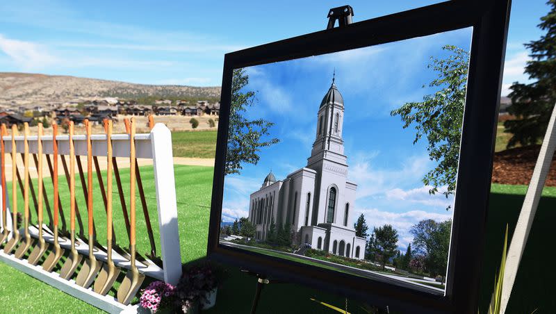 An artist’s rendering of the Heber Valley Utah Temple is shown at the site prior to the groundbreaking ceremony on Oct. 8, 2022.