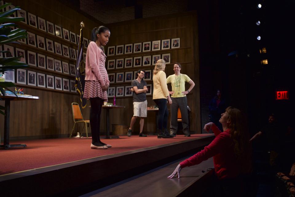 Marielle Heller with Rosdely Ciprian (on stage), directing “What the Constitution Means to Me.” - Credit: Courtesy of Amazon