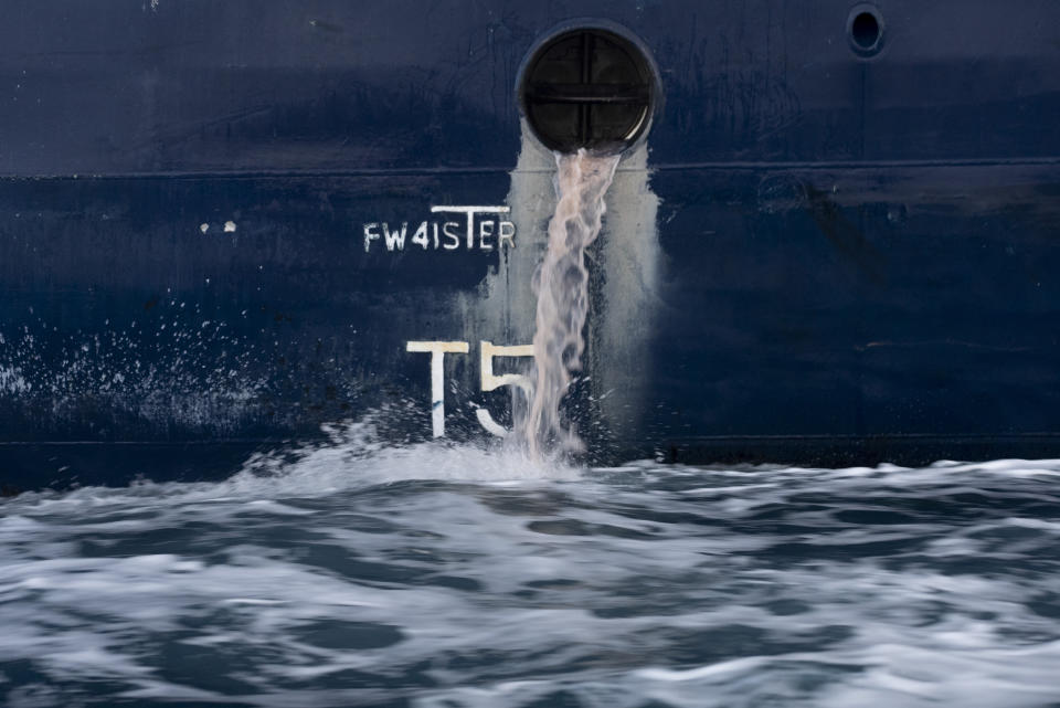 Krill processing waste pours into the ocean from a drain on the Chinese fishing vessel Shen Lan in the Southern Ocean on March 6, 2023. The foul-smelling liquid is runoff from processing the 80-meter (260-foot) factory ship’s valuable catch: Antarctic krill, a paper-clip-sized crustacean central to the region’s food web and, scientists say, an important buffer to global warming. (AP Photo/David Keyton)