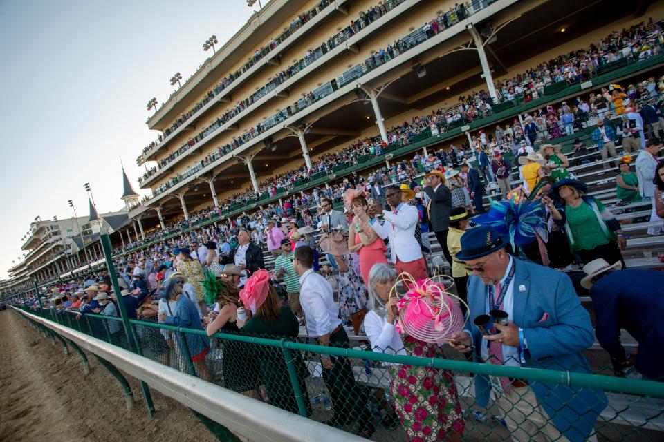 Race fans stuck around after the 147th running of the Kentucky Derby, Saturday, May 1, 2021 in Louisville Ky.