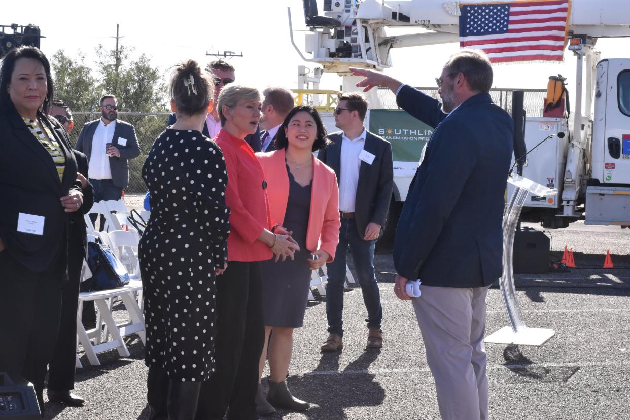 Southline Transmission project leaders discuss the project with U.S. Secretary of Energy Jennifer Granholm, Governor Katie Hobbs, and Maria Robinson, the director of the Grid Department Office with the Department of Energy in Cochise County, Arizona.