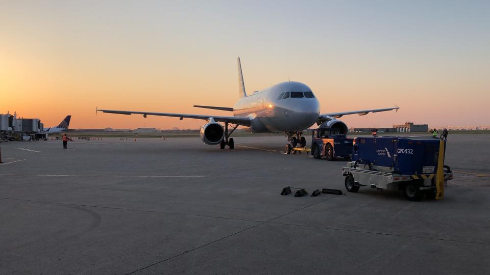 The inaugural American Airlines direct flight from Louisville Muhammad Ali International Airport to Los Angeles International Airport prepares to depart Wednesday, April 3, 2019.