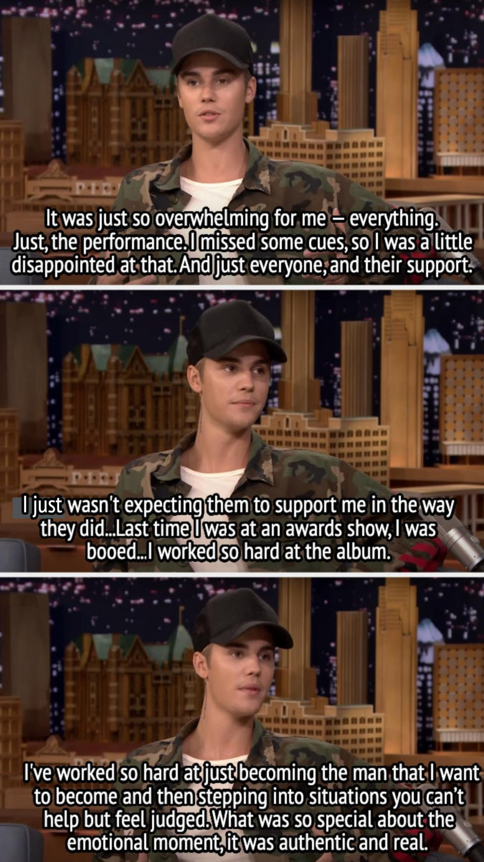 Justin says he was overwhelmed by the performance and didn't expect the audience to be so supportive
