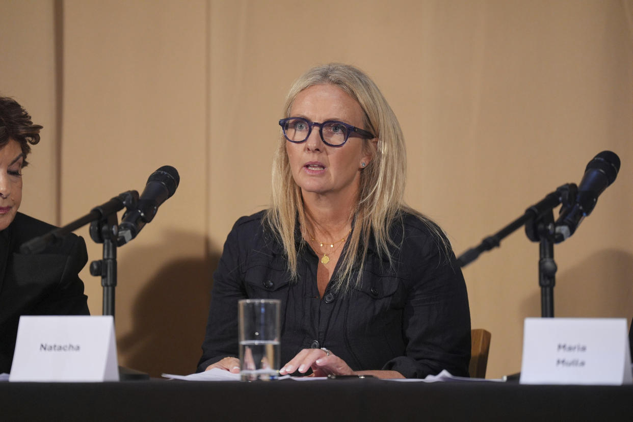 One of Mr Al Fayed's accusers, Natacha (no surname given), who featured in 'Al-Fayed: Predator at Harrods' speaks during a press conference to discuss their involvement in the investigation and the legal claim against Harrods for failing to provide a safe system of work for their employees, at Kent House in Knightsbridge, London, Friday Sept. 20, 2024. Multiple ex-Harrods employees have accused Mohamed Al Fayed, the Egyptian billionaire who owned the luxury department store for more than 25 years, of rape and sexual assault. (Yui Mok/PA via AP)