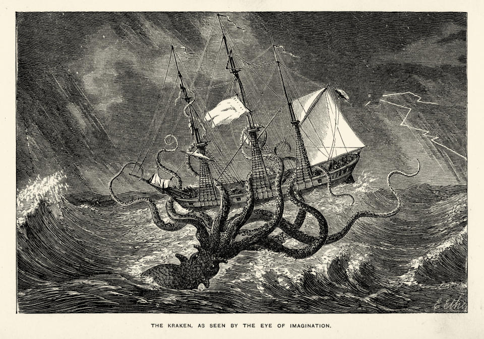 A classic illustration depicts a giant Kraken attacking a sailing ship in a stormy sea, as seen by "The Eye of Imagination."