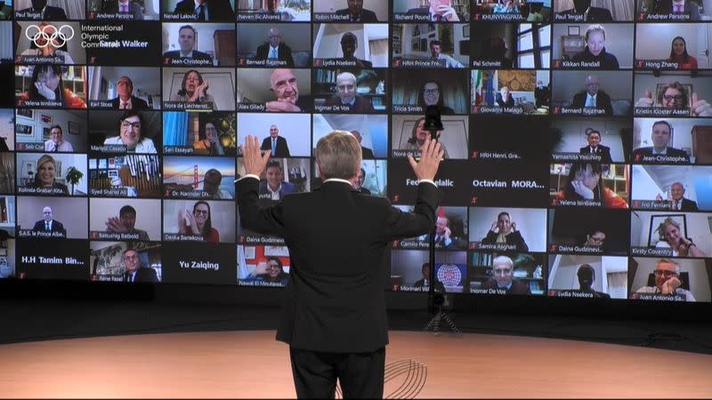 IOC President Bach reacts after his reelection during the 137th IOC Session and virtual meeting in Lausanne