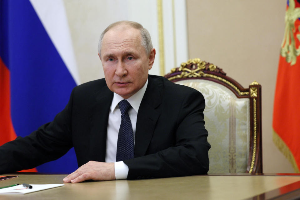 Russian President Vladimir Putin chairs a meeting with members of the Security Council, via video link in Moscow, Russia July 7, 2023. Sputnik/Alexander Kazakov/Kremlin via REUTERS ATTENTION EDITORS - THIS IMAGE WAS PROVIDED BY A THIRD PARTY.